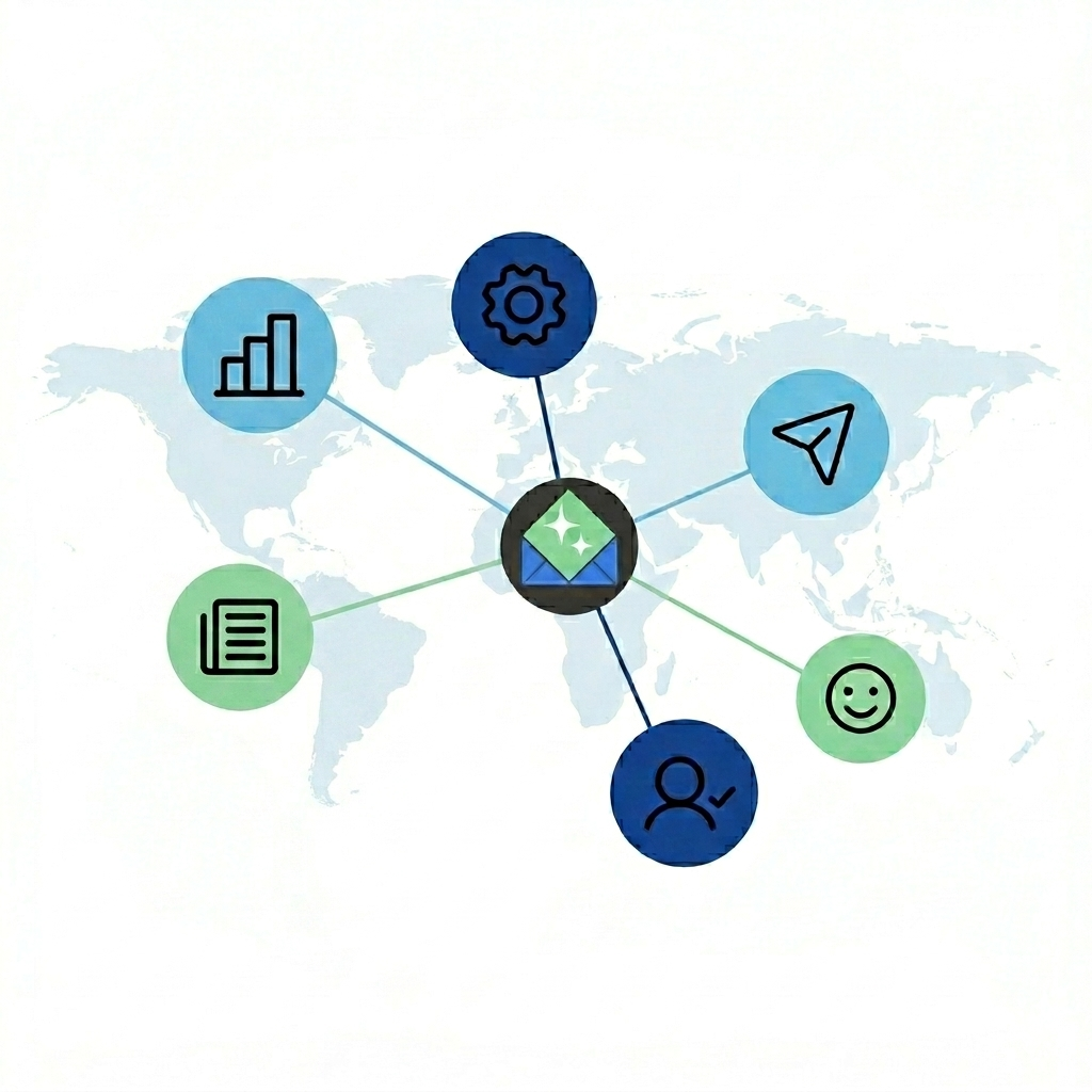 Global news illustration with connected world map and category icons